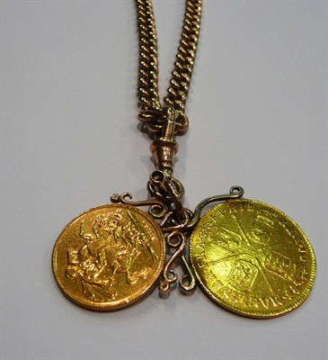 Lot 171 - A watch chain with links stamped '375' with attached 1884 full sovereign and another coin