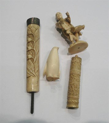 Lot 177 - Carved ivory parasol handle, sectional figure, bodkin holder and cover and penguin