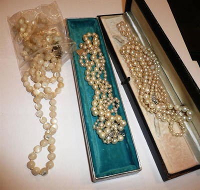 Lot 188 - Five strands cultured and simulated pearls, quantity of mother of pearl beads etc