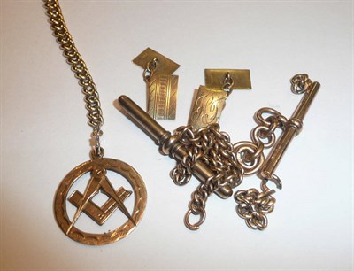 Lot 190 - A pair of 9ct gold cufflinks, a Masonic pendant on chain, T-bars and loose chain links