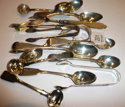 Lot 201 - Three pairs of sugar tongs, assorted teaspoons and condiment spoons