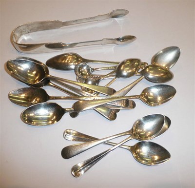 Lot 205 - A collection of Georgian and later teaspoons, a pair of sugar tongs and two salt spoons