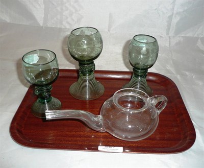 Lot 227 - A 19th century glass invalid feeder and three German roemers (4)