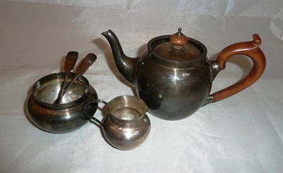 Lot 236 - A silver three piece bachelor's tea service and two mustard spoons, 10oz approx