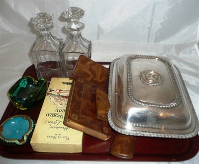 Lot 240 - Cloisonne ash tray, art glass ash tray, two decanters with labels, an entree dish, and leather...