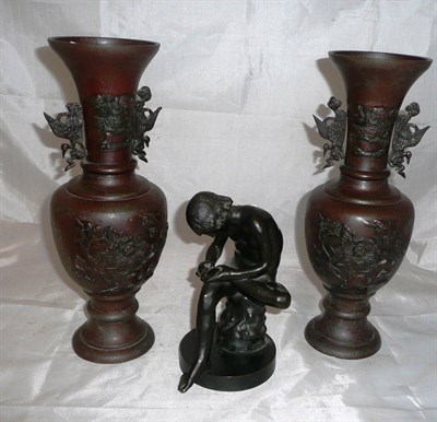 Lot 252 - Small bronze seated classical figure and a pair of Japanese vases