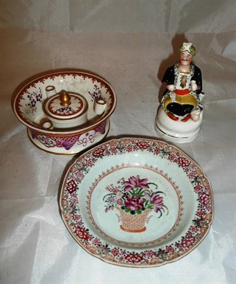 Lot 255 - A porcelain inkstand with cover, a Chinese famille rose dish and a Staffordshire figure