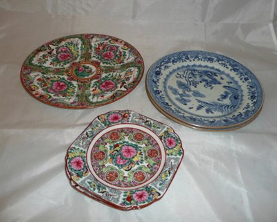 Lot 265 - Two Chinese blue and white plates and three Canton-style plates