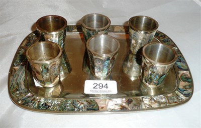 Lot 294 - Mexican white metal and mother-of-pearl liqueur set