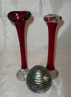 Lot 301 - John Ditchfield paperweight and two ruby glass vases