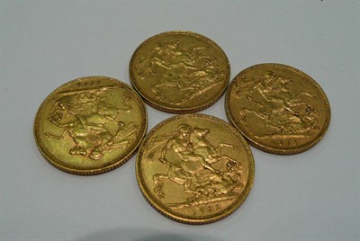 Lot 311 - Four gold sovereigns - three x 1893, one 1899 (4)