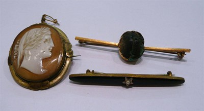 Lot 317 - Cameo brooch, bar brooch with seed pearl inset and a scarab brooch