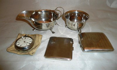 Lot 355 - Two silver cigarette cases, silver pocket watch, sauce boat and bowl 11oz