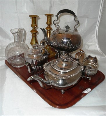 Lot 389 - A silver cream jug, a plated kettle on stand, two teapots, pair candlesticks and a decanter