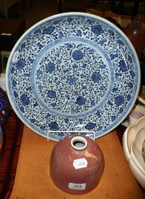 Lot 393 - A Chinese blue and white 'Ming'-style porcelain dish and a 'peach bloom' water pot