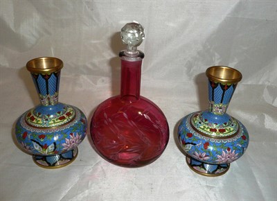 Lot 416 - Pair of cloisonne vases, cranberry bottle and stopper