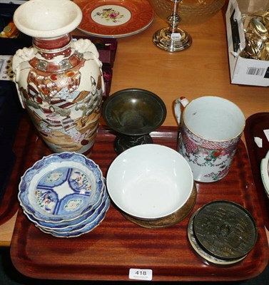 Lot 418 - Four Arita dishes, Chinese blue and white bowl, four bronzes plaques, a bronze vase, Satsuma...