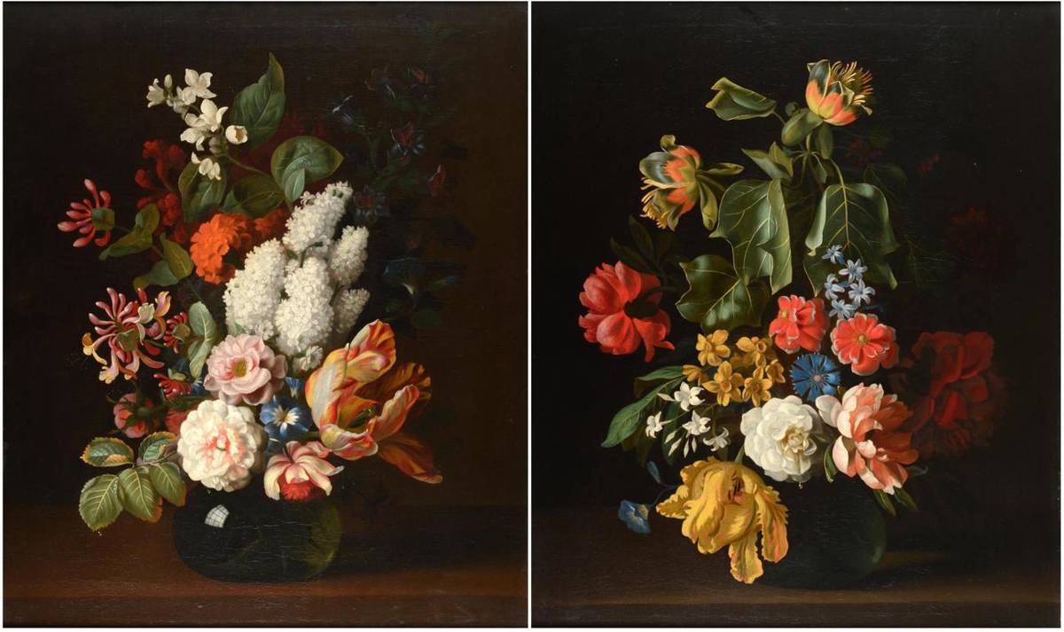 Lot 646 - Manner of Jacob Bogdani (19th century)  A still life of tulips, roses, peonies, and other...