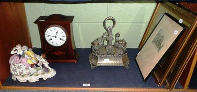 Lot 445 - Edwardian mantel clock, Continental figure group, silver plated cruet stand, three watercolours and