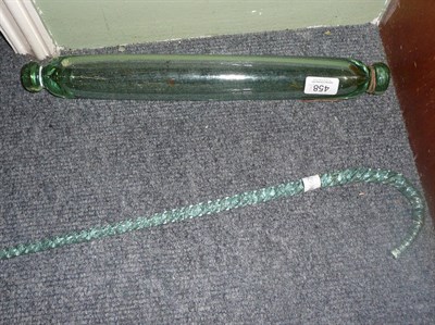 Lot 458 - A twisted glass walking stick/shepherd's crook and a glass rolling pin