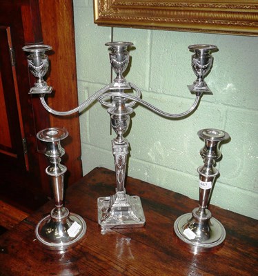 Lot 467 - Plated Adam-style candelabra and a pair of plated candlesticks