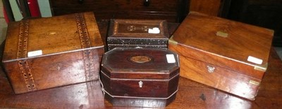 Lot 471 - A Georgian inlaid tea caddy, another, a mahogany and brass writing slope and another