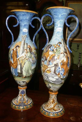 Lot 472 - A large pair of Maiolica twin-handled vases