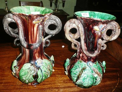 Lot 473 - A pair of Palissy-type vases by M Mafra, Caldes, Portugal