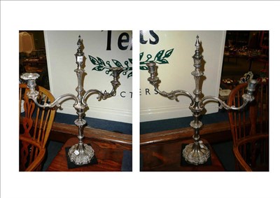 Lot 502 - A pair of three branch plated candelabra