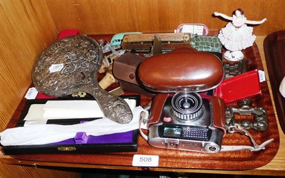 Lot 508 - A tray of miscellaneous items including a camera, silver-mounted mirror, etc