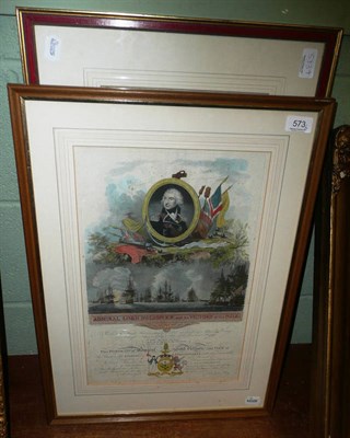 Lot 573 - Admiral Lord Nelson and the Victory of the Nile', hand coloured print, a Naval print and two...