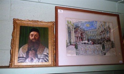 Lot 586 - A draft sketch of The Guildhall, City of London 1953 and an oil on board of a Rabbi