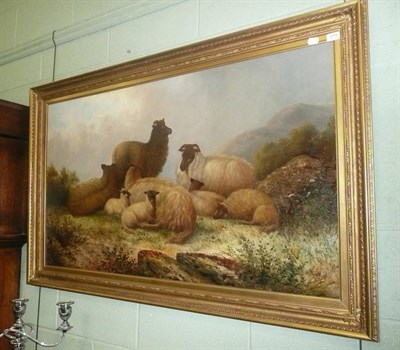 Lot 614 - Large painting of sheep on a hillside by R Huntley (?), indistinctly signed