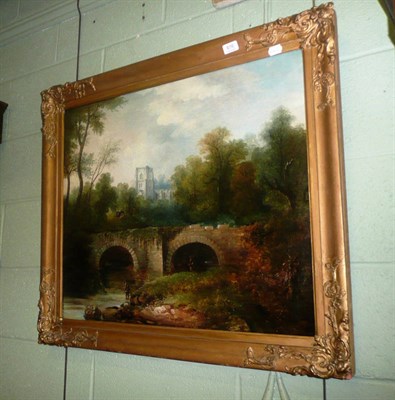 Lot 616 - River landscape with figures fishing by a bridge, a church nearby, in the style of J H Hawkesworth