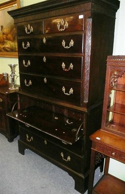 Lot 625 - George III mahogany and blind fret-carved secretaire chest on chest