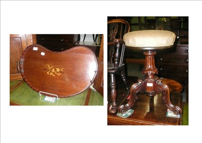 Lot 778 - Swivel-top piano stool and an inlaid kidney-shaped tray