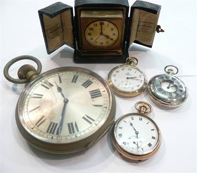 Lot 5 - A large travelling watch, two plated pocket watches, pocket watch stamped 925 and a cased...