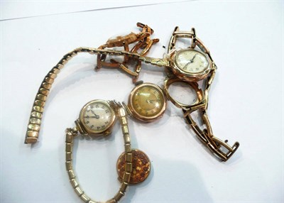 Lot 7 - Four lady's 9ct gold wristwatches and a 9ct gold watch case (a.f.)