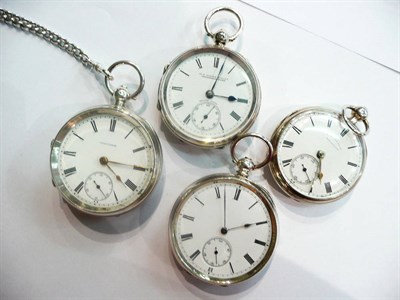 Lot 9 - A silver pocket watch signed Waltham and silver chain, two other silver pocket watches and a pocket