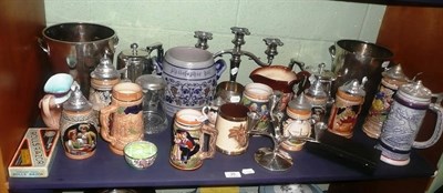 Lot 35 - Two 'P & O' plated wine coolers, hotel plate, candelabrum, assorted steins, Doulton character...