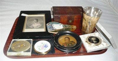 Lot 38 - Silver-mounted horn beaker, 19th century box, compacts, circular portrait and a print