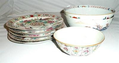 Lot 39 - Five famille rose plates, three Chinese bowls (a.f.) and an oval papier-mache tray