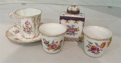 Lot 44 - Dresden cup and saucer, two cache-pots and a jar and cover