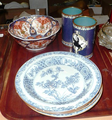 Lot 45 - Two cloisonne vases, an Imari bowl and four Chinese export plates