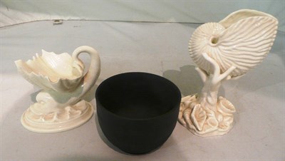 Lot 46 - A Worcester shell, a Worcester dolphin ornament and a basalt bowl