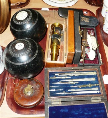 Lot 47 - Small cased students microscope, cased drawing set, two bowls with presentation plaques 'Barry...