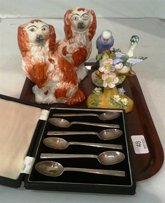 Lot 48 - Cased set of silver teaspoons, a pair of pearlware spaniel pottery dogs and two bird groups