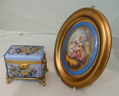 Lot 49 - Painted blue glass trinket box with gilt metal mounts and an oval plaque