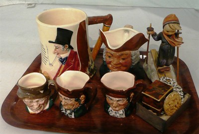 Lot 66 - John Peel musical mug, four small Royal Doulton character jugs and a Hummel figure