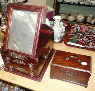 Lot 71 - 19th century mahogany tea caddy, a Chinese stained wood travel box and a box of Chinese plates